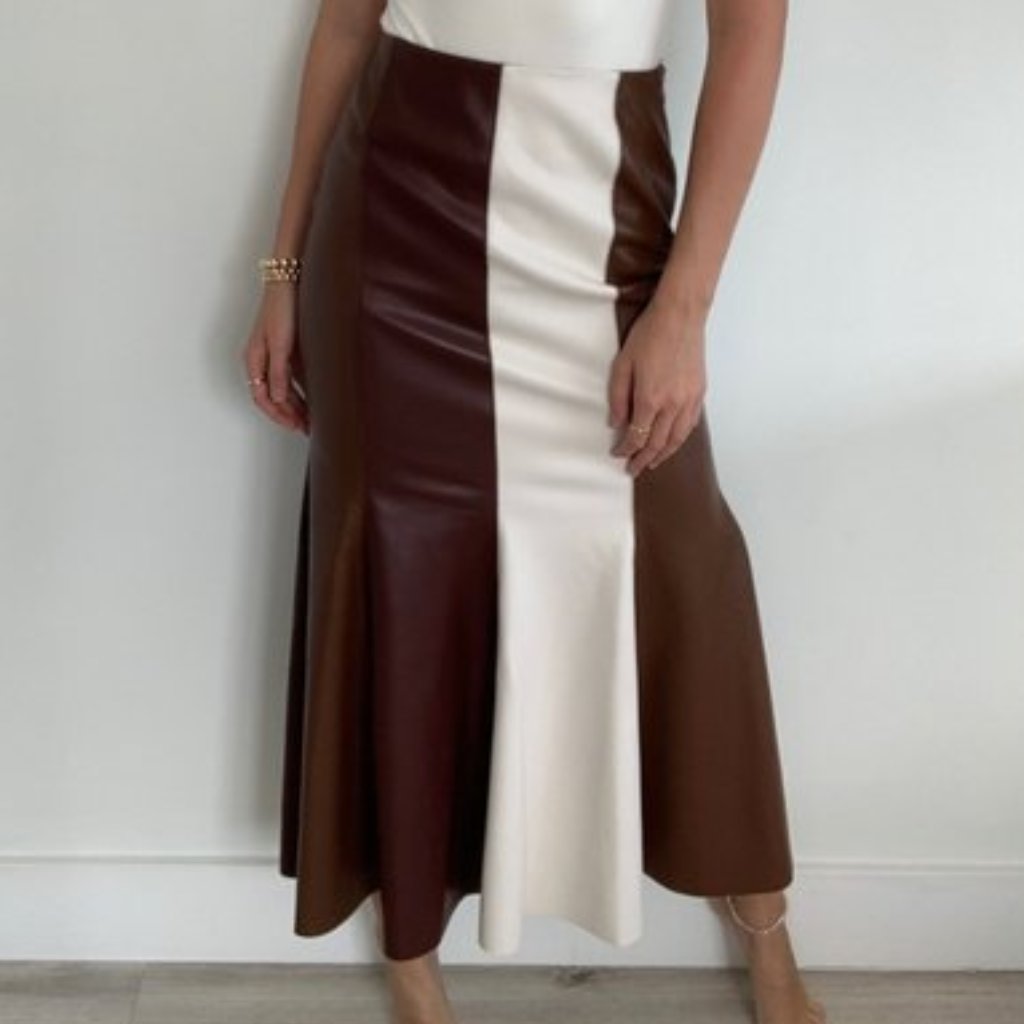 Nanushka Brown And Cream Paneled Faux-Leather Midi Skirt